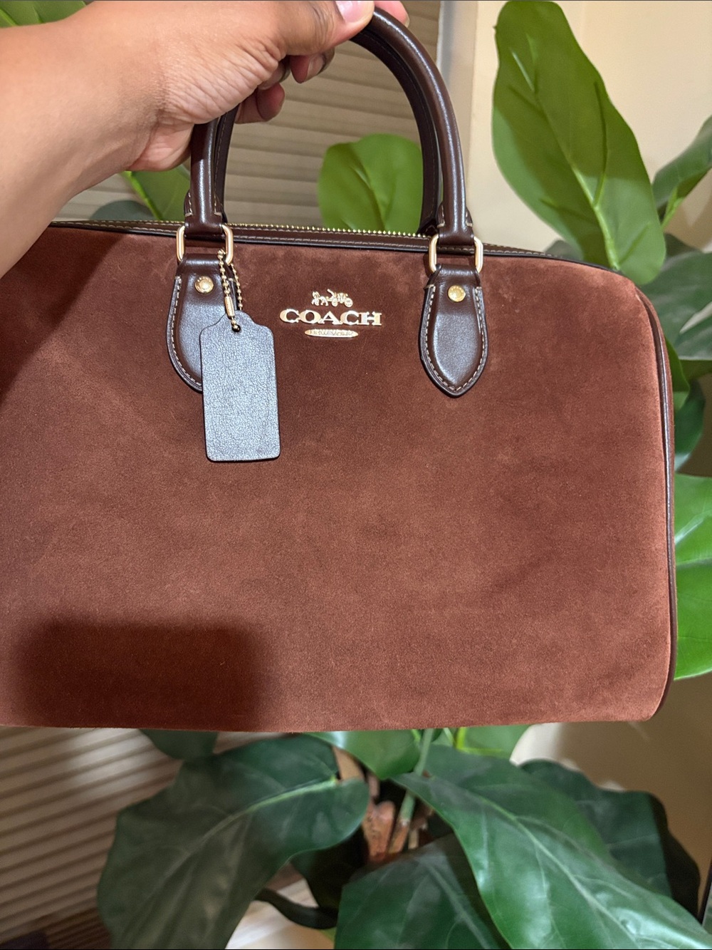 COACH Brown Suede Dome Satchel with Dark Brown Leather Trim
